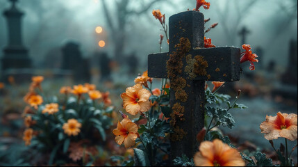 A close view of a cross headstone in a frost-covered cemetery, with orange bright flowers