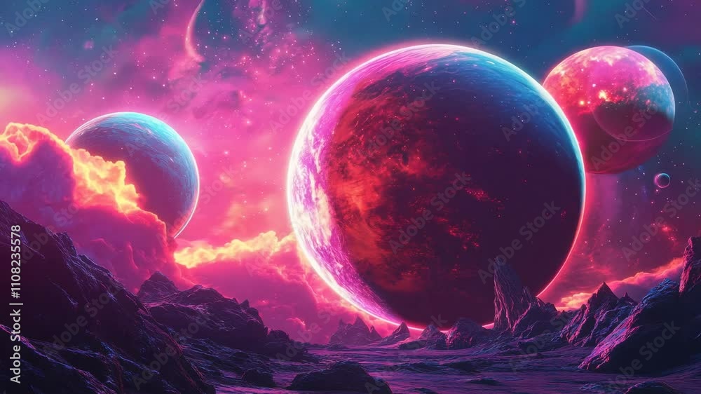 Wall mural space scene with three large pink planets and a small one. hyperrealistic video