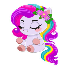 Little pony meditates. Colored pony with closed eyes. Children's picture