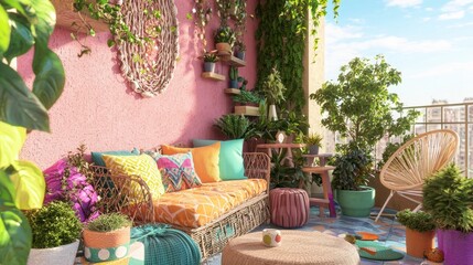 Fototapeta premium Urban Oasis: Vibrant Balcony with Eclectic Furniture and Colorful Plants for Dopamine-Boosting Decor Inspiration