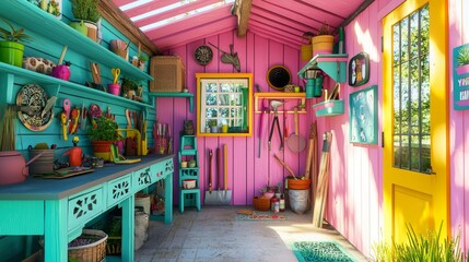 Fototapeta premium Enchanting Garden Shed Oasis: A Burst of Colorful Creativity and Joy