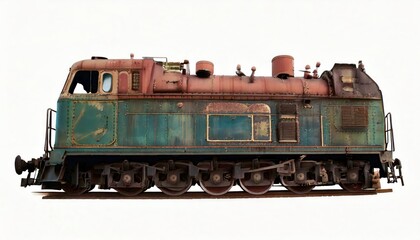 Fototapeta premium Old rusty diesel locomotive side view isolated on white background, industrial train engine 