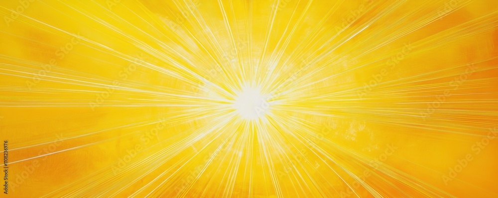 Poster bright sun rays burst on vibrant yellow background. sunbeams radiate outward creating dynamic visual