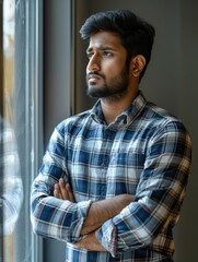 Fototapeta premium Man in a plaid shirt is looking out the window with his arms crossed