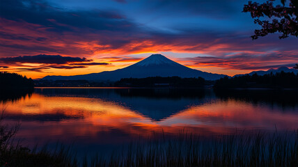 Fototapeta premium 夕暮れ時に映える富士山と桜の絶景