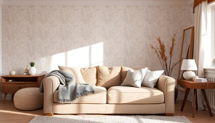 "A cozy living room wallpaper with soft lighting, showing a plush sofa with a throw blanket and pillows, neutral tones, and warm wooden accents for a welcoming, homey feel."