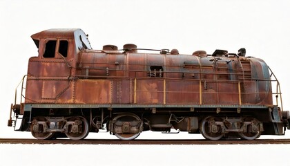 Fototapeta premium Old rusty diesel locomotive side view isolated on white background, industrial train engine 
