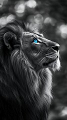 Majestic Black and White Lion With Striking Blue Eyes in a Captivating Portrait for Iphone Wallpaper. Generative AI