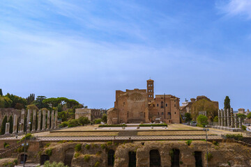 View from Colloseum on Piazza di Santa Francesca Romana with the Temple of Venus and Rome in the background