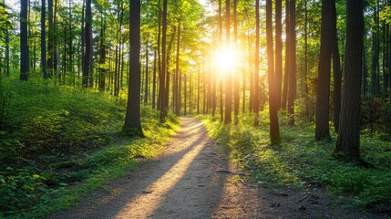 Fototapeta premium Majestic Morning Sunlight Shines Through the Tranquil Green Forest Hiking Pathway. Generative AI