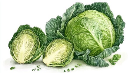 Fototapeta premium Brightly colored savoy cabbage is beautifully illustrated in aquarelle style on a white backdrop