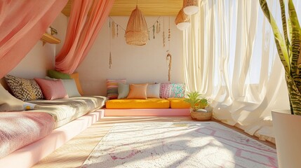 Obraz premium Vibrant Joyful Meditation Nook with Playful Decor and Layered Patterns for Relaxation and Mindfulness