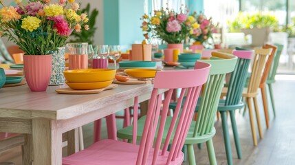 Cheerful Eclectic Dining Experience with Vibrant Mismatched Chairs and Colorful Table Setting