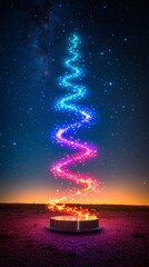 Obraz premium A swirling, colorful, light trail rising up into the night sky, creating the shape of a Christmas tree against a backdrop of stars.