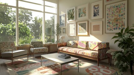 Fototapeta premium Vibrant and Cozy Living Room Decor with Colorful Gallery Wall and Mix of Vintage and Modern Furniture, Infusing Joy and Comfort