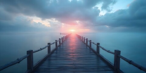 Obraz premium A floating wooden pier extending over a peaceful, vaporous sea, with a backdrop of a cloudy sky blending shades of gray and blue during dusk.