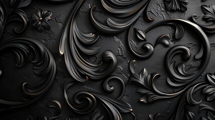 a black and gold wallpaper with a floral design on it's side
