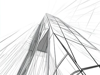Fototapeta premium Abstract black and white illustration of a modern skyscraper with intricate linear patterns showcasing architectural design and perspective.