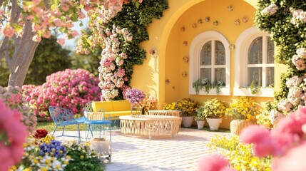 Fototapeta premium Vibrant Garden Paradise: Colorful Flowers and Playful Decor for Relaxation and Events