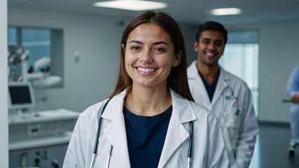 Two healthcare workers express joy and professionalism in a spacious medical environment, showcasing teamwork and a friendly atmosphere. Their smiles highlight a positive workplace culture