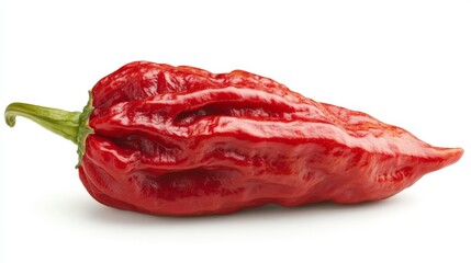 Fototapeta premium Fresh red sweet pepper displays its smooth skin and rich color on a white surface