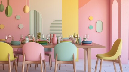 Vibrant Dining Room with Colorful Chairs, Eclectic Tableware, and Playful Wall Art for Joyful Meals and Celebrations