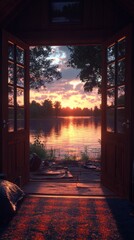A view of a sunset over a lake through an open wooden door of a cabin.