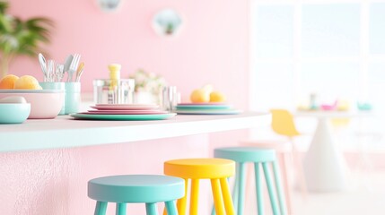 Cheerful Morning Gathering: Vibrant Breakfast Bar with Colorful Stools and Playful Decor