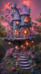 Obraz premium A whimsical treehouse with glowing windows sits atop a large tree trunk, surrounded by blooming flowers and a magical sunset.