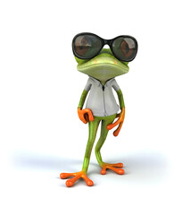 Obraz premium Cool 3D cartoon frog wearing sunglasses and resting on the ground on a white background.