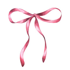 Red Christmas bow, long silk ribbon. Decorative burgundy accessory for girls hair, gift wrapping, valentine's day. Hand drawn watercolor illustration isolated on white background. For postcard