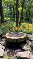 A wooden birdbath sits atop rocks in a lush forest with yellow wildflowers and purple petals floating in the water below.