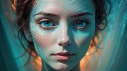 Fototapeta premium Ethereal close-up portrait of a woman with glowing blue patterns on her face, illuminated by teal and warm orange lighting.