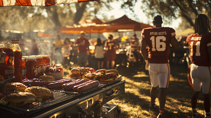 A high-energy tailgate barbecue before a big game, with hamburgers, hot dogs, and fans in jerseys, excited for the match ahead.