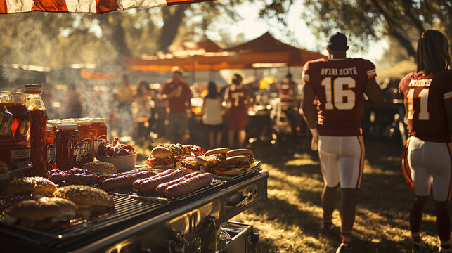 A high-energy tailgate barbecue before a big game, with hamburgers, hot dogs, and fans in jerseys, excited for the match ahead.
