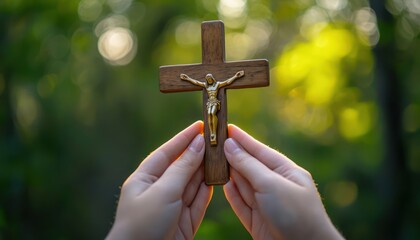Hands gently holding a wooden Christian cross with blurred nature behind