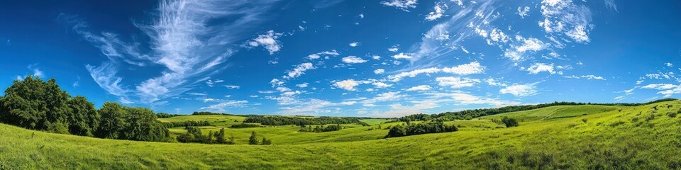 Fototapeta premium Lush green landscape with bright blue sky and scattered clouds above