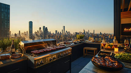 A luxurious rooftop barbecue with steaks sizzling on the grill, surrounded by a city skyline and guests enjoying cocktails.