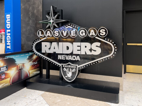 Las Vegas, NV, USA - November 10, 2024: An NFL Las Vegas Raiders sign shaped like the Welcome to Vegas sign.