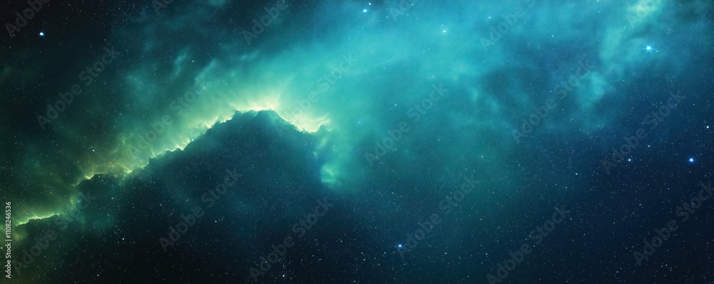 Poster stunning deep space nebula backdrop with vibrant green blue colors. grainy texture adds cosmic depth