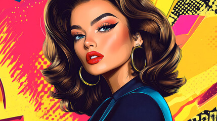 Obraz premium Vibrant pop art portrayal of a stylish woman showcasing confidence and modern elegance against a colorful backdrop