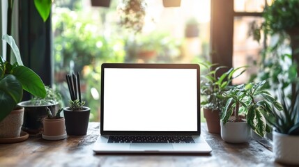 Fototapeta premium Laptop with Blank Screen Surrounded by Indoor Plants