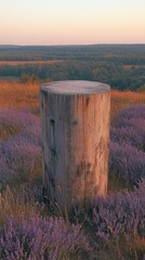 Obraz premium A wooden stump sits on a hill overlooking a field of lavender at sunset.