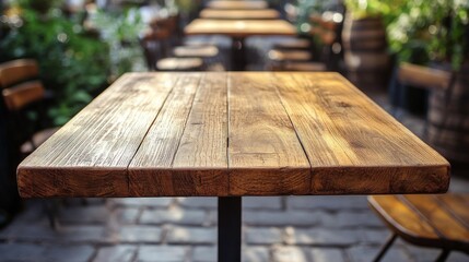 Fototapeta premium Rustic Wooden Table in Outdoor Cafe