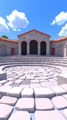 Fototapeta premium An ancient Roman temple with a stone courtyard and steps leading up to the entrance.