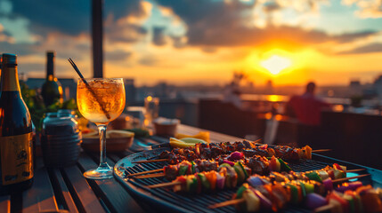 A rooftop barbecue at sunset with vibrant skewers and cocktails served to friends.