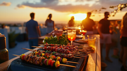 A rooftop barbecue at sunset with vibrant skewers and cocktails served to friends.