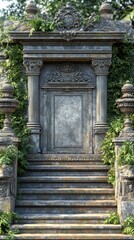 Fototapeta premium An ornate stone doorway with steps leading up to it, overgrown with ivy.