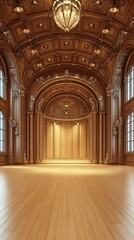 Obraz premium An ornate, empty, wooden room with large windows, a chandelier, and a hardwood floor.