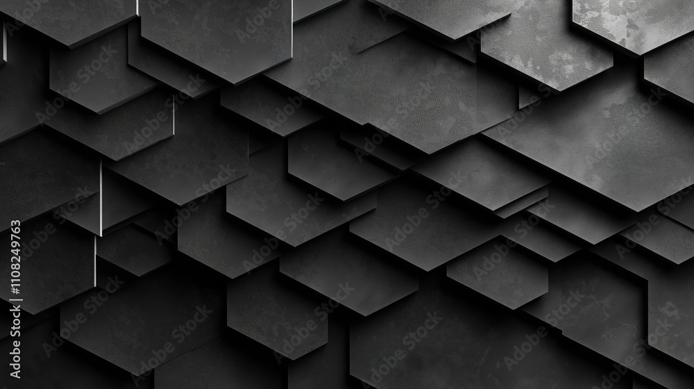 Poster Dark gray textured wall surface. Closeup view of modern design. Abstract shapes create tech architecture vibe. Grunge style background. Geometric design. Intricate pattern with layered hexagons.